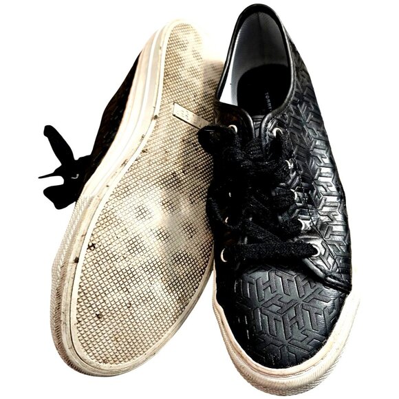 Tommy Hilfiger Womens Black Embossed Sneakers With Red & White Stripe Detailing - Picture 5 of 8